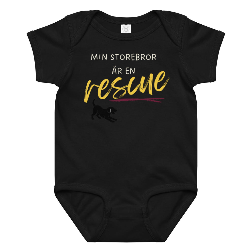 Babybody Min storebror är en rescue med ljus text i svart färg
