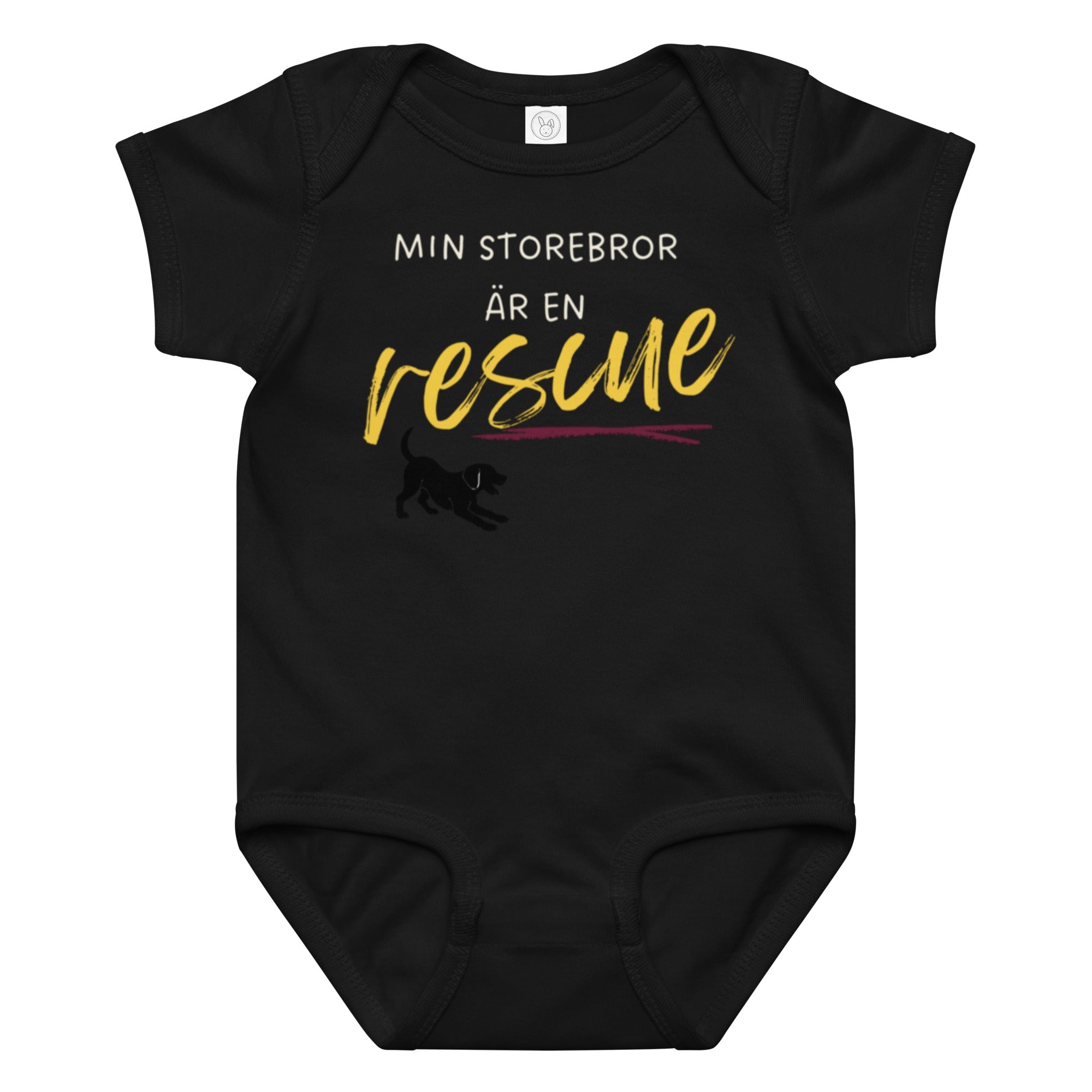 Babybody Min storebror är en rescue med ljus text i svart färg