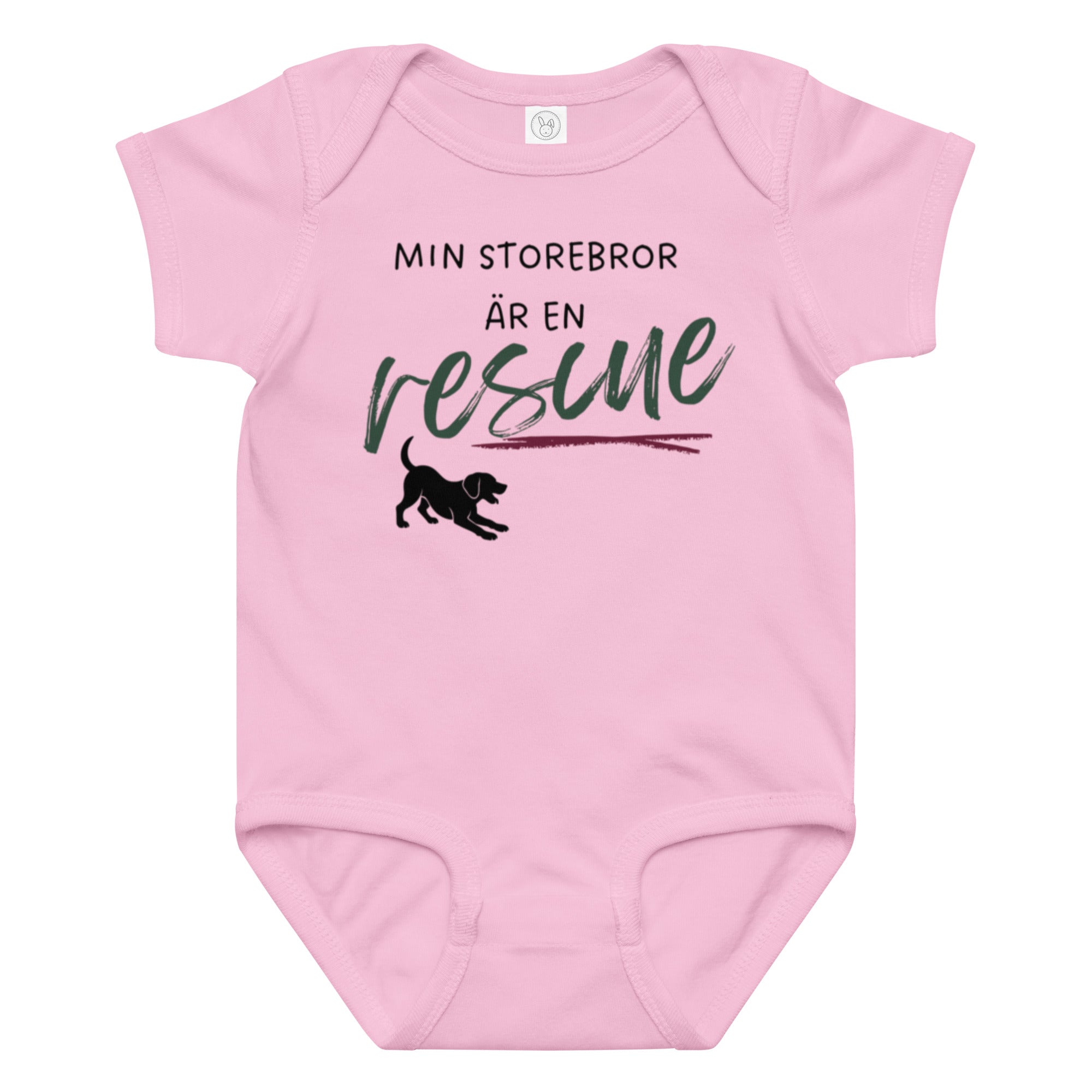 Babybody Min storebror är en rescue med mörk text i rosa färg