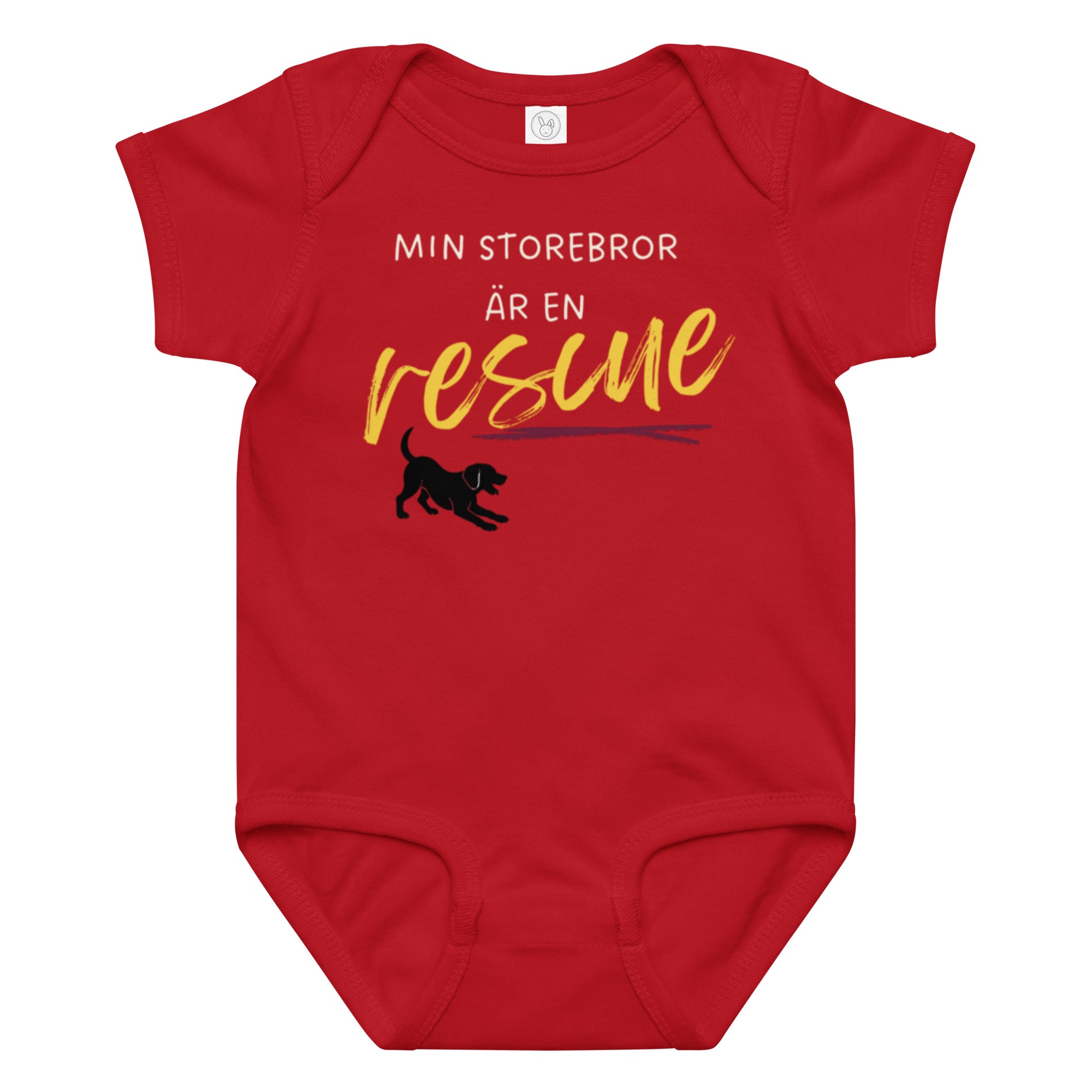 Babybody Min storebror är en rescue med ljus text i röd färg