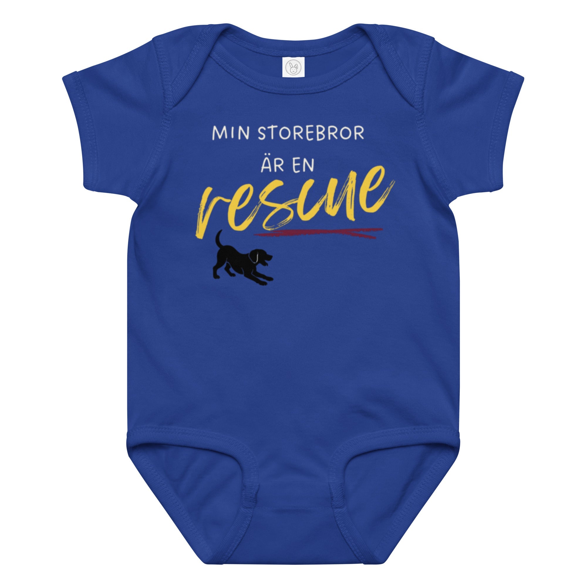 Babybody Min storebror är en rescue med ljus text i royalblå färg