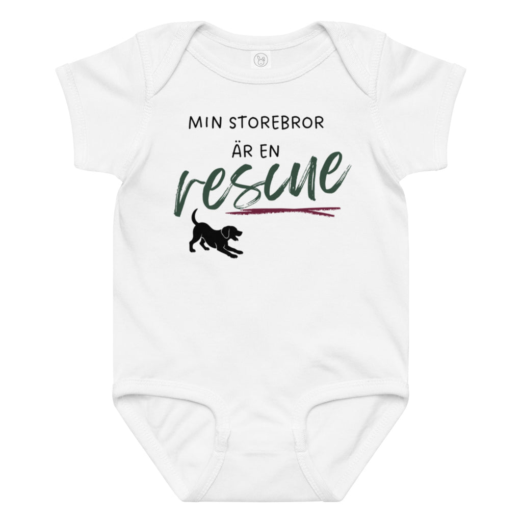 Babybody Min storebror är en rescue med mörk text i vit färg