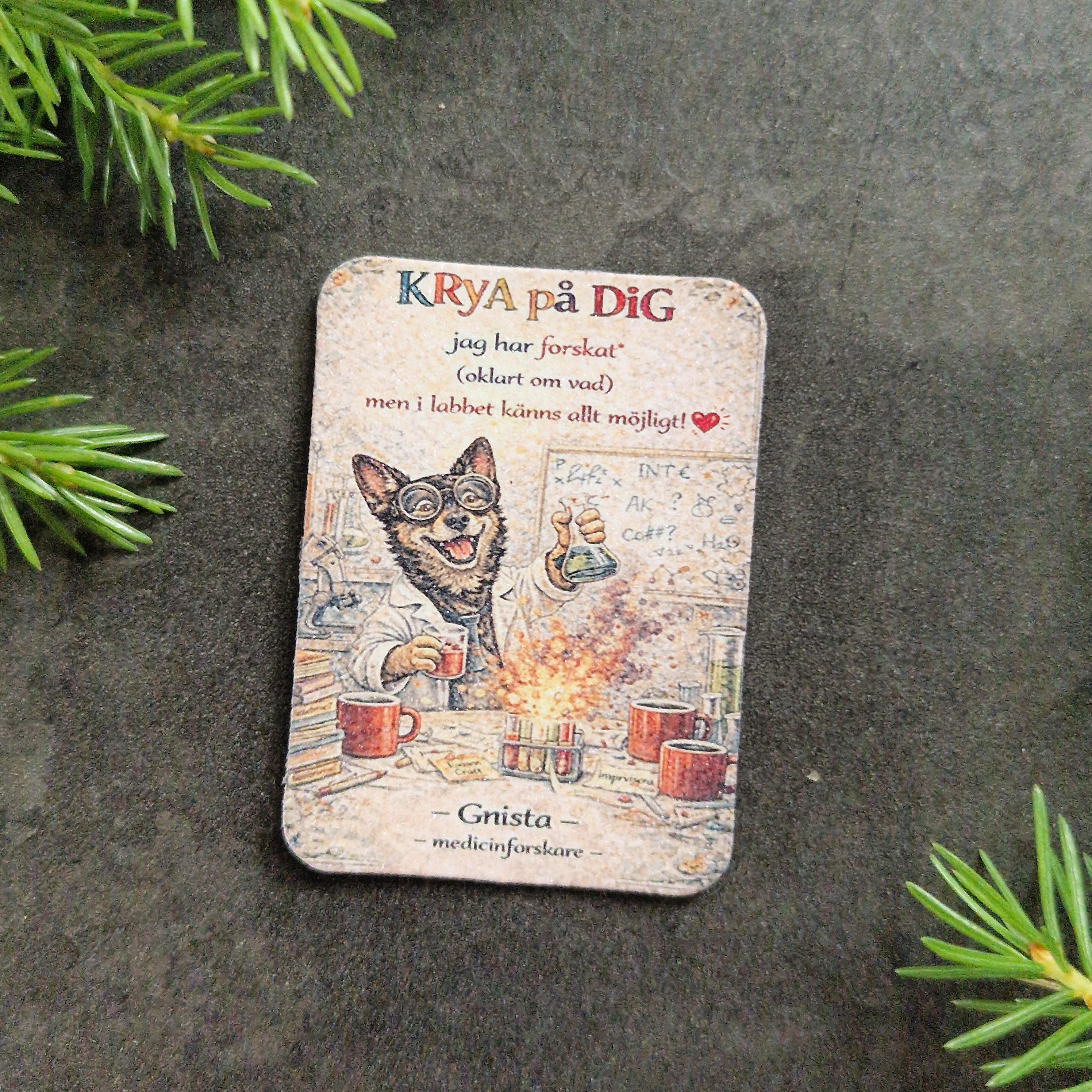 Gnista magnet med texten Krya på dig medicinforskare