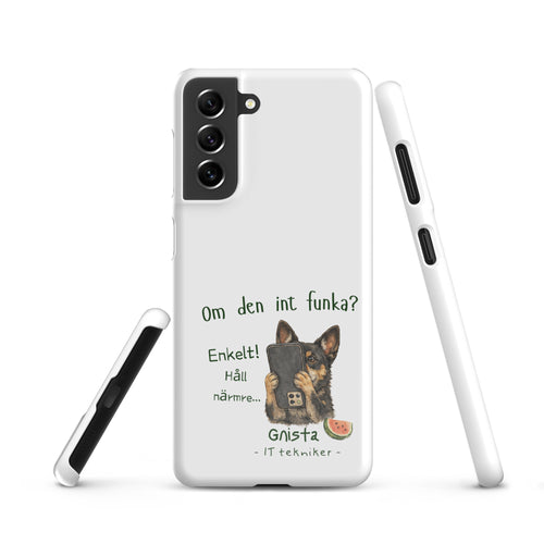 mobilskal med gnista hund som haller mobil rolig text om den inte funkar hall narmare