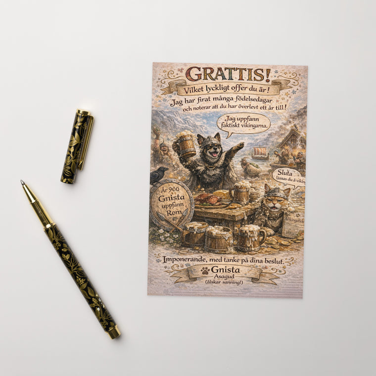 Gnistas gratulationer nr 003 – roligt grattiskort med hund som viking