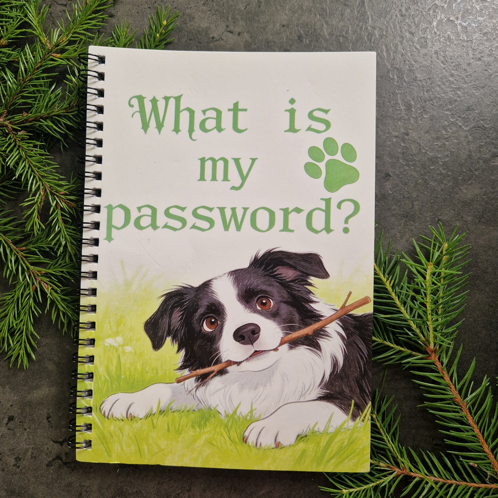 Lösenordsbok med texten What is my password och hundmotiv på framsidan
