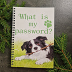 Lösenordsbok med texten What is my password och hundmotiv på framsidan