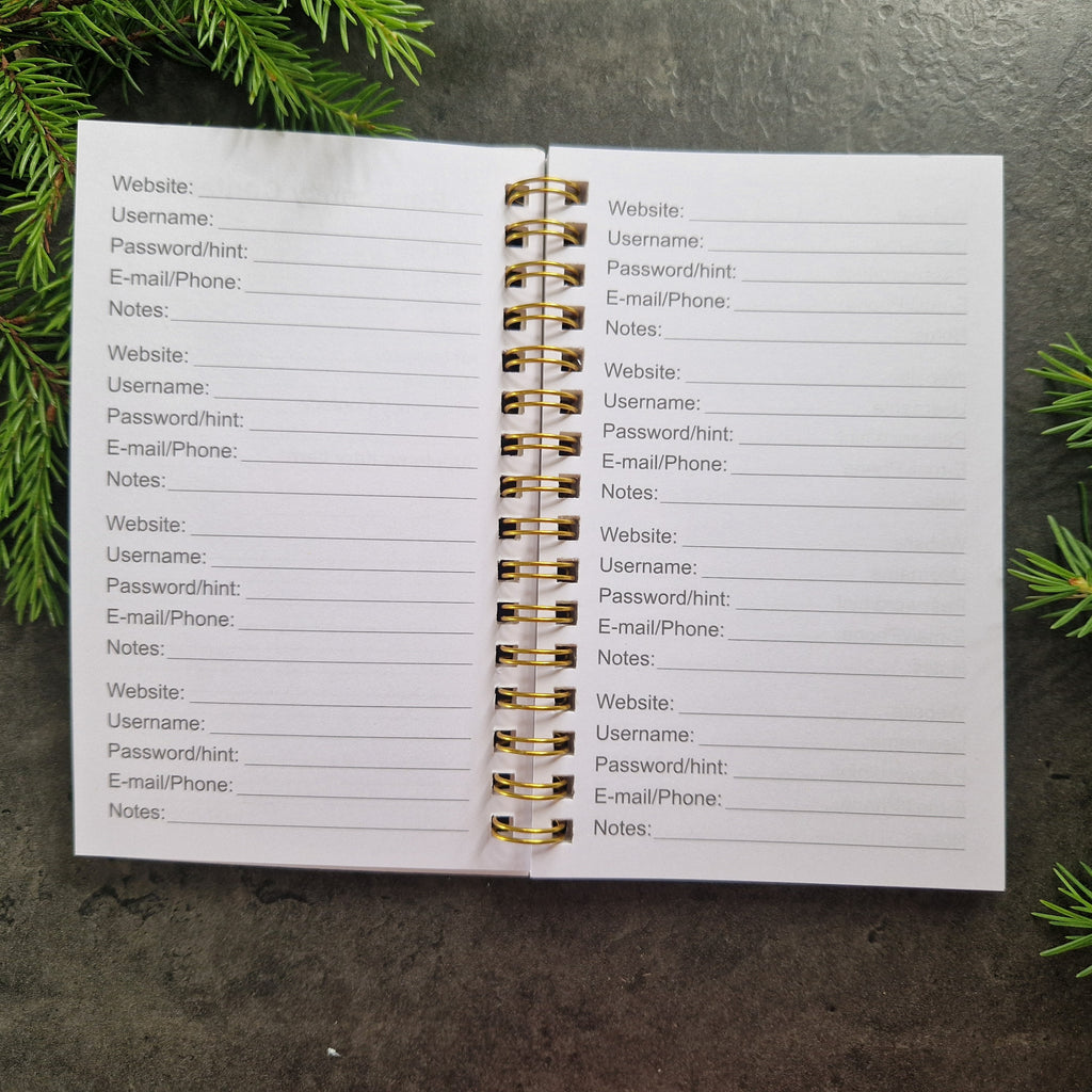 Uppslag i password book med rader för website, username, password hint, e-mail, phone och notes