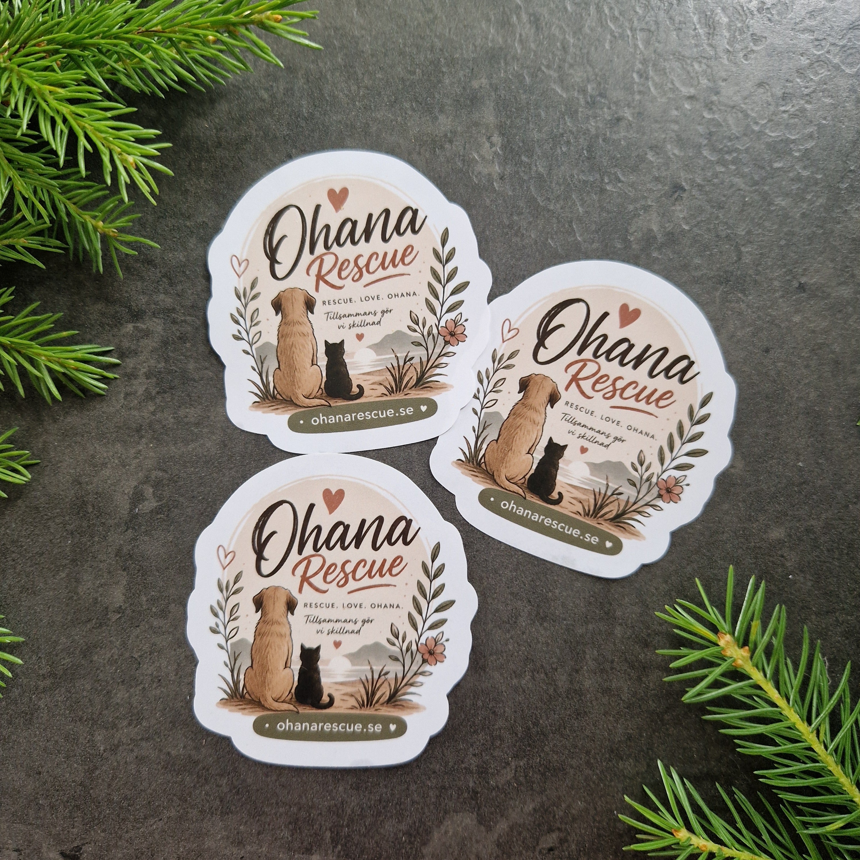 Flera Ohana Rescue klistermärken med hund och kattmotiv