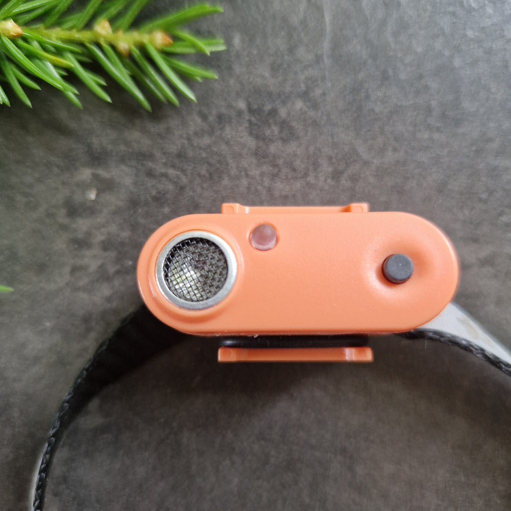 Närbild på orange TICKLESS Cat enhet för kattens halsband
