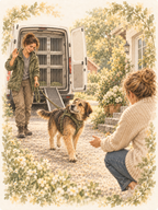 En hund kommer fram med hundtransport och välkomnas av en kvinna vid ett hem.