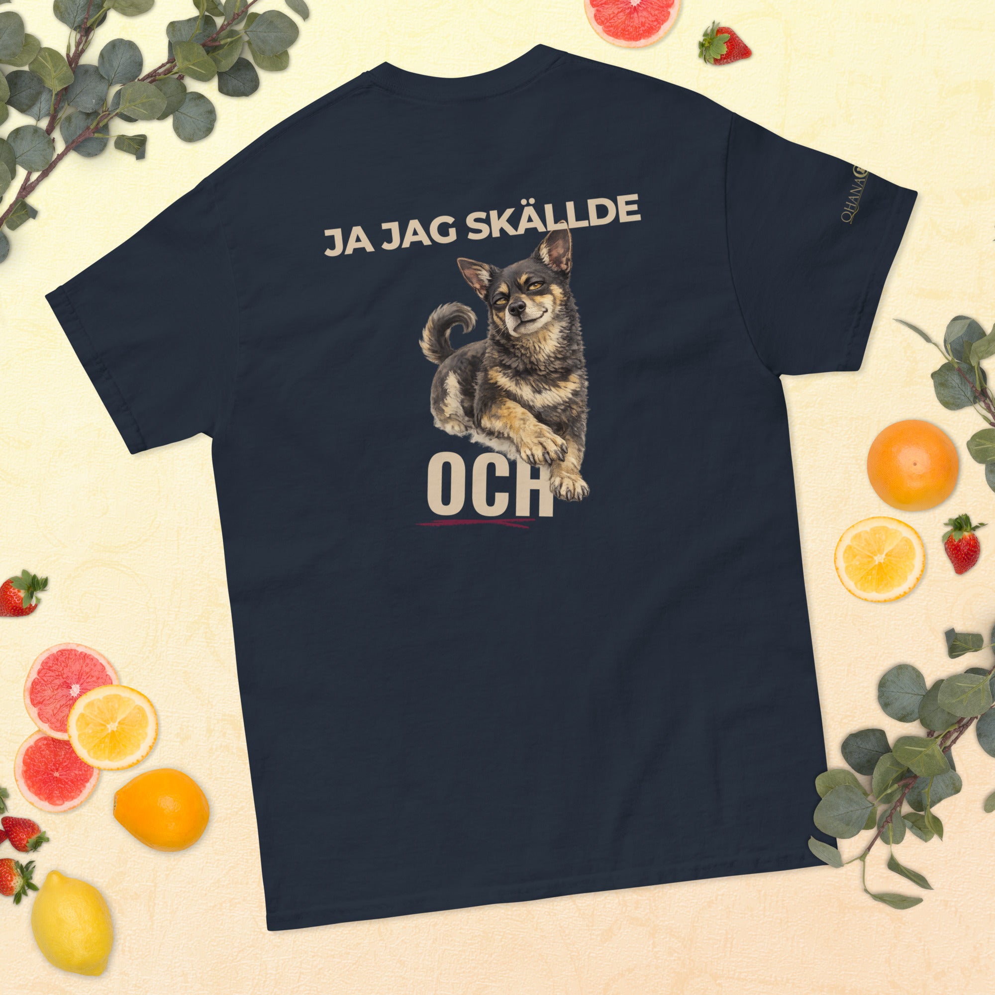 Gnista t-shirt i Navy med ryggtryck Ja jag skällde och