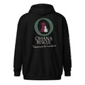 Ohana hoodie med dragkedja i svart, baksida med Ohana Rescue-tryck