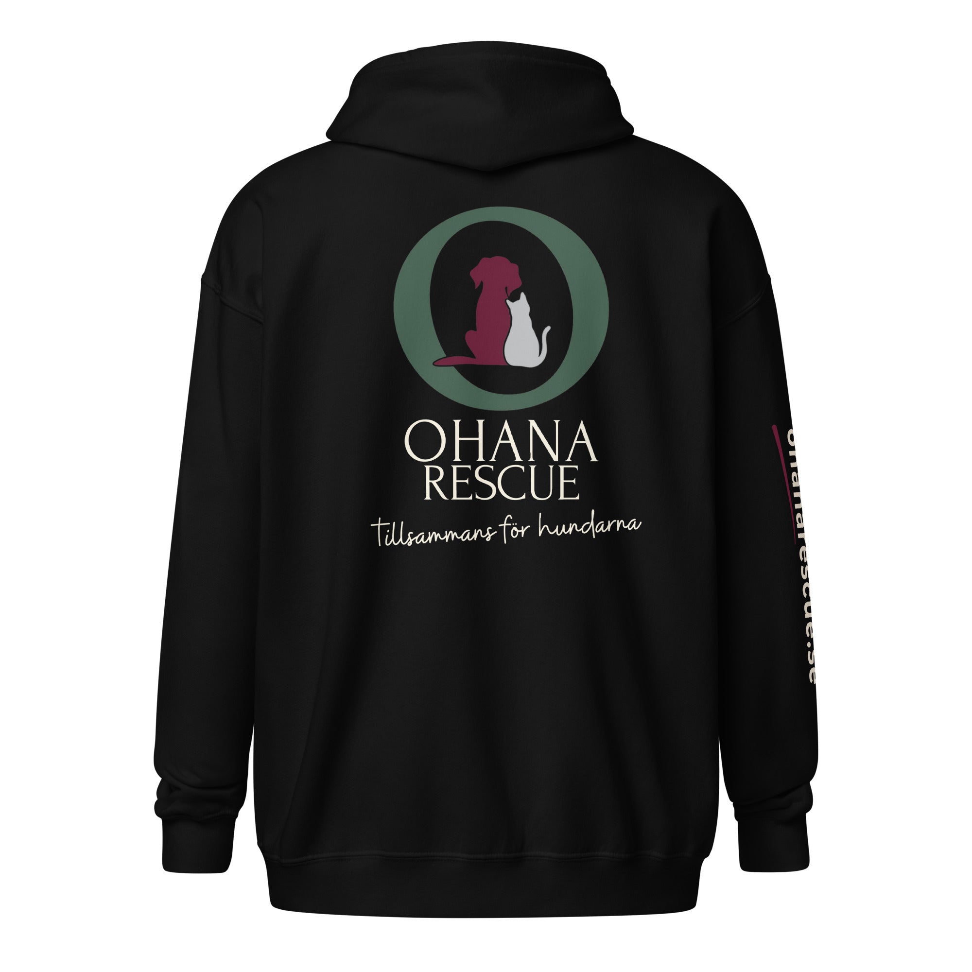Ohana hoodie med dragkedja i svart, baksida med Ohana Rescue-tryck