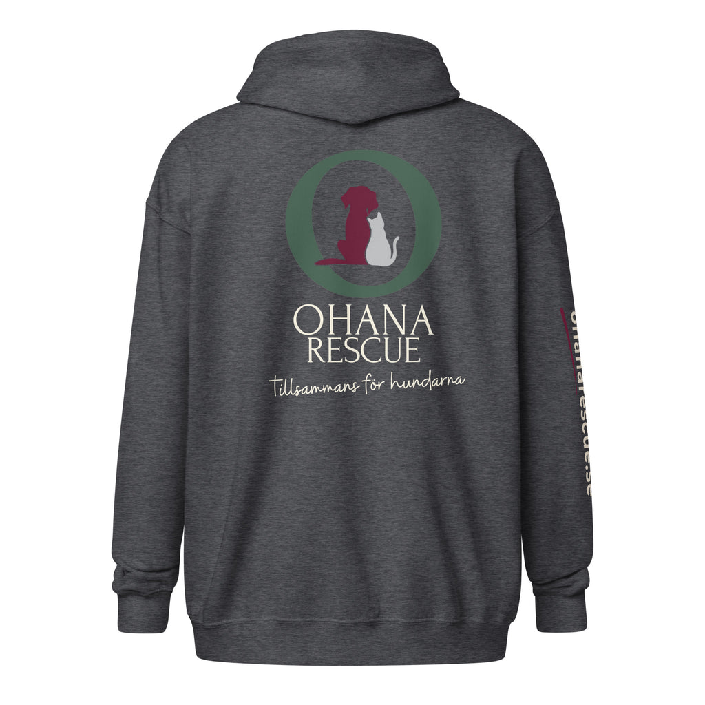 Ohana hoodie med dragkedja i dark heather, baksida med Ohana Rescue-tryck