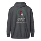 Ohana hoodie med dragkedja i dark heather, baksida med Ohana Rescue-tryck