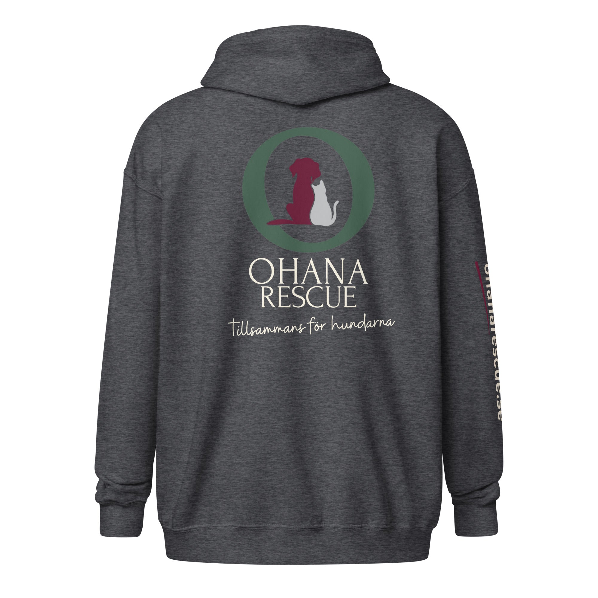 Ohana hoodie med dragkedja i dark heather, baksida med Ohana Rescue-tryck