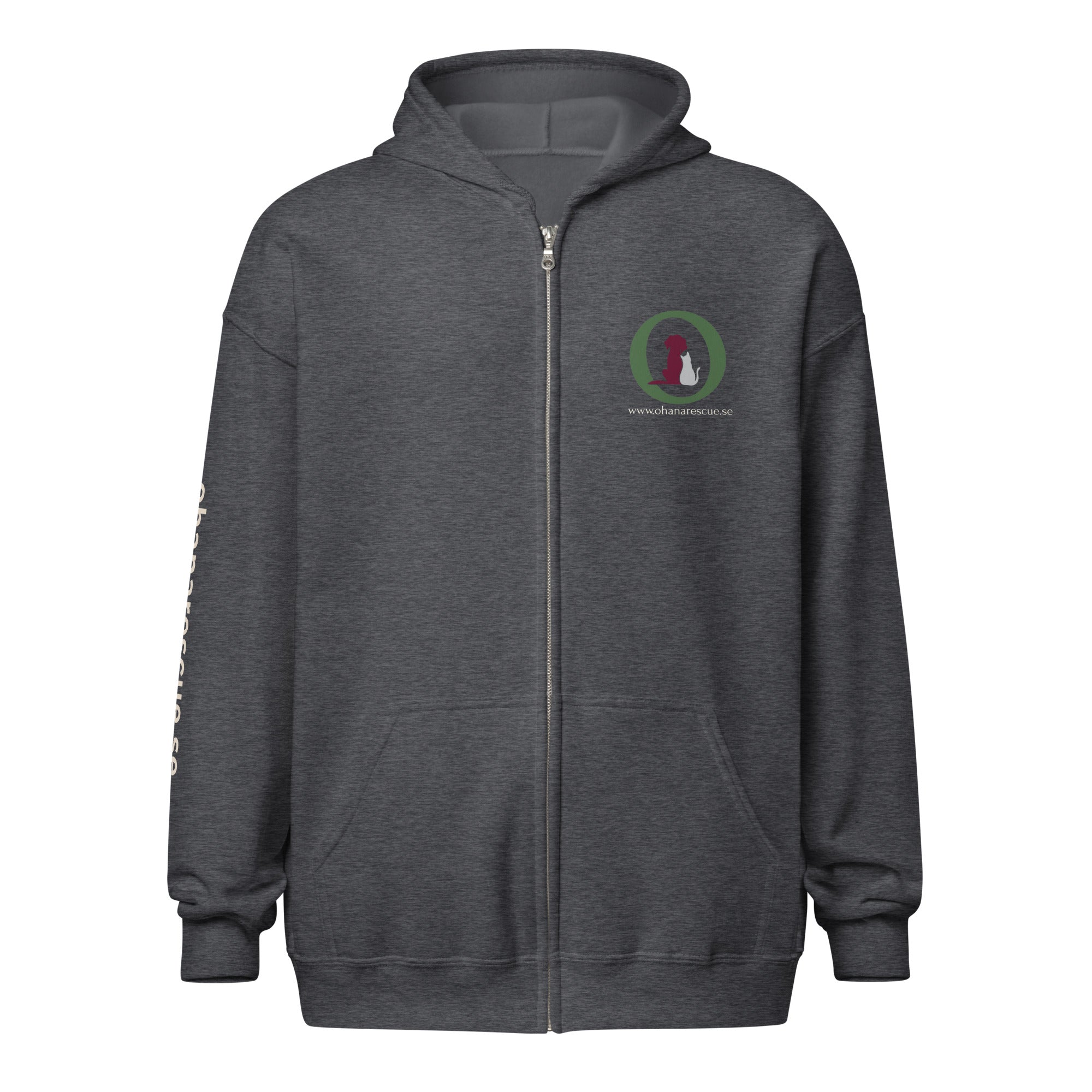 Ohana hoodie med dragkedja i dark heather, framsida