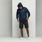 Ohana hoodie med dragkedja i navy, framsida med fickor och luva