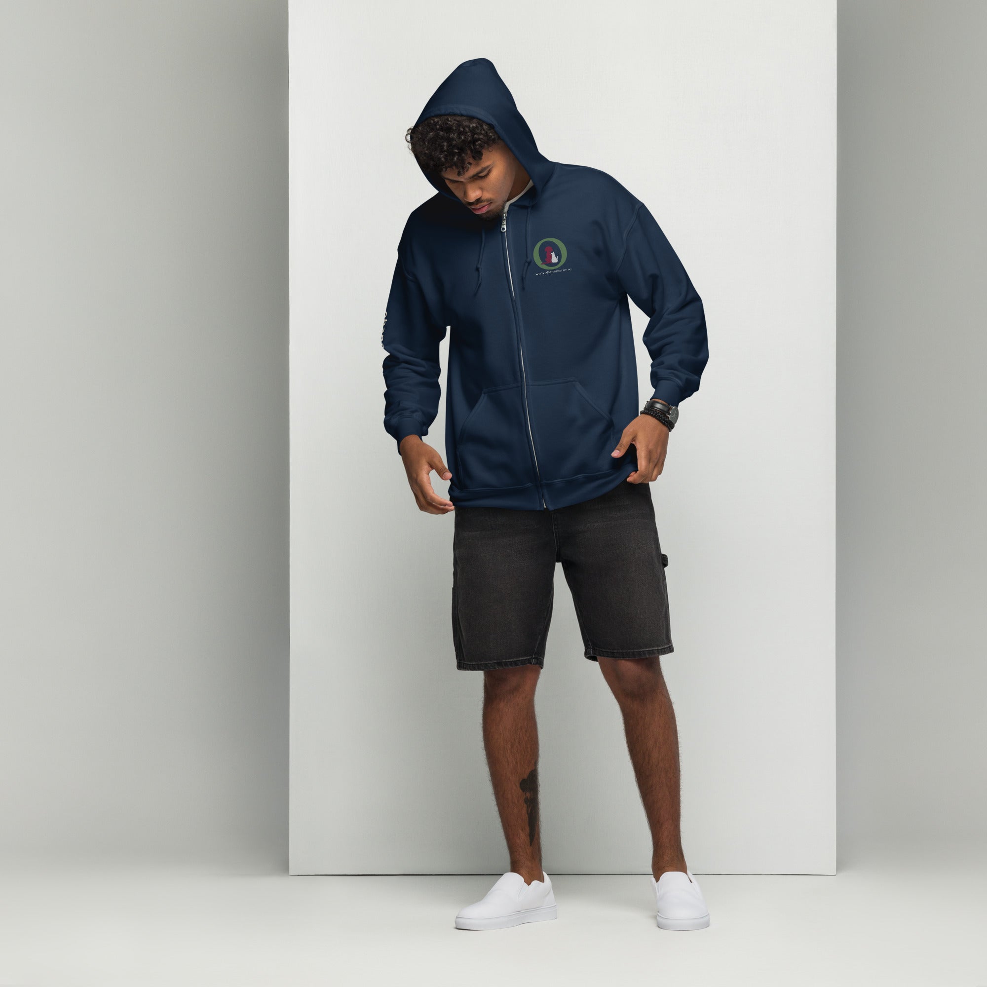 Ohana hoodie med dragkedja i navy, framsida med fickor och luva