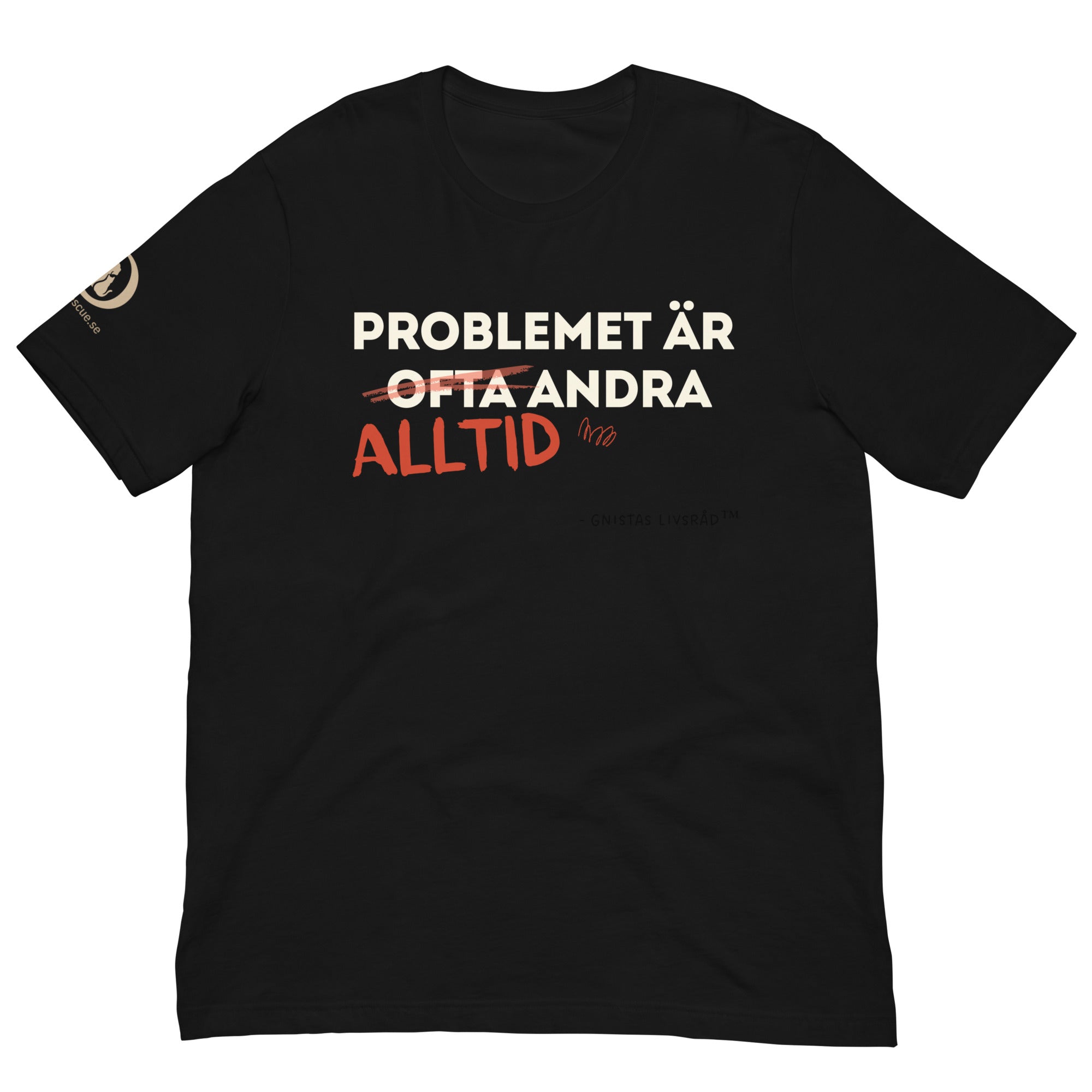 Rolig svart t-shirt med texten Problemet är ofta alltid andra