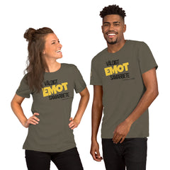Väldigt EMOT samarbete t-shirt i army med gul och svart texttryck